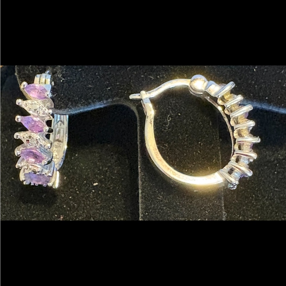 Sterling Silver Hoop Earrings with amethyst Marquise Stones
